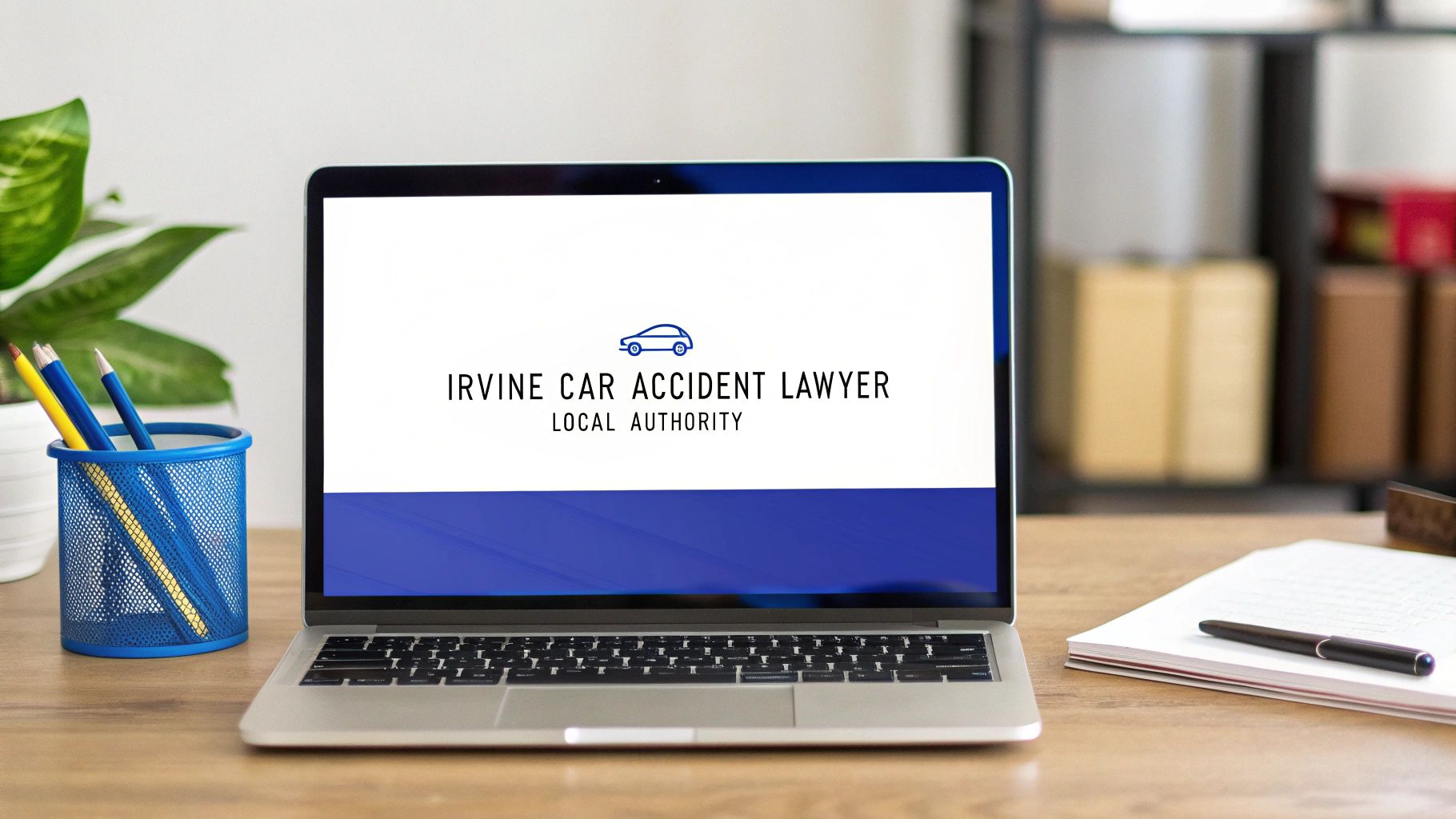 A laptop on a wooden desk displays 'Irvine Car Accident Lawyer' logo, with pencils and a notebook nearby.