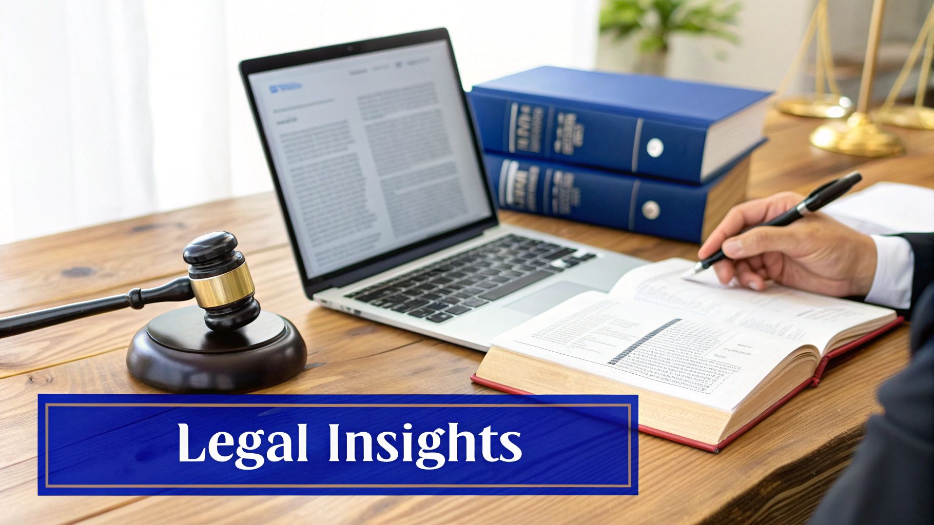 A lawyer's desk with a gavel, laptop, legal books, and a hand writing in a book.