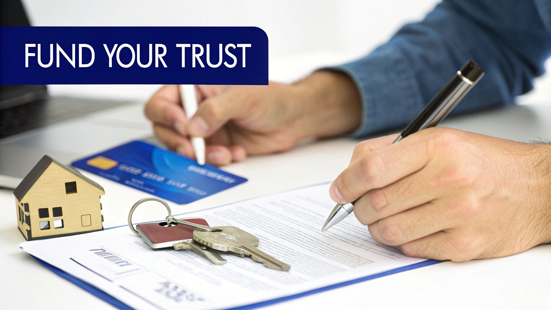 Hands signing documents with a house model, keys, and a credit card, emphasizing 'Fund Your Trust'.