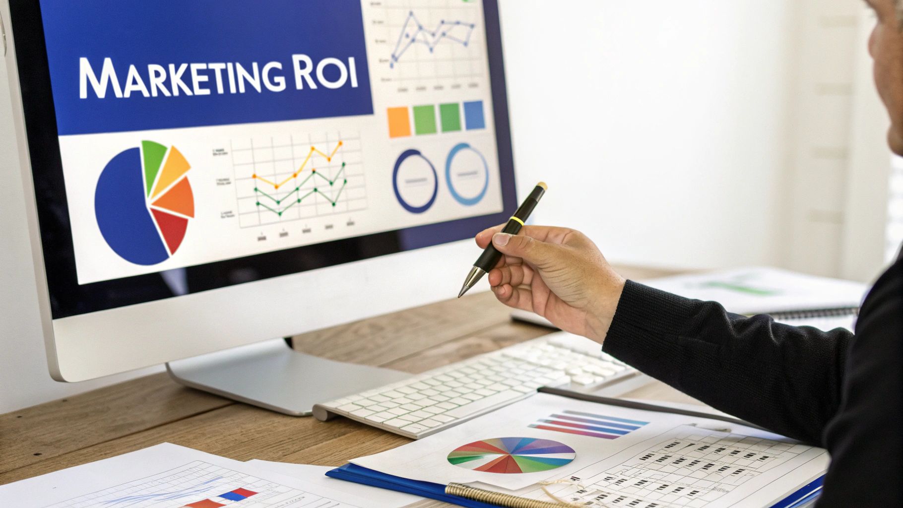 A person analyzes marketing ROI data on a computer screen and physical documents, holding a pen.