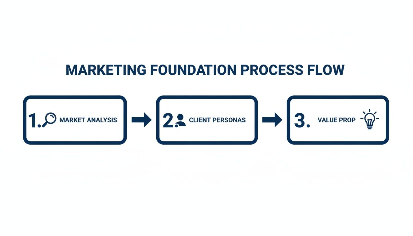 A marketing foundation process flow diagram illustrates three sequential steps: Market Analysis, Client Personas, and Value Proposition.