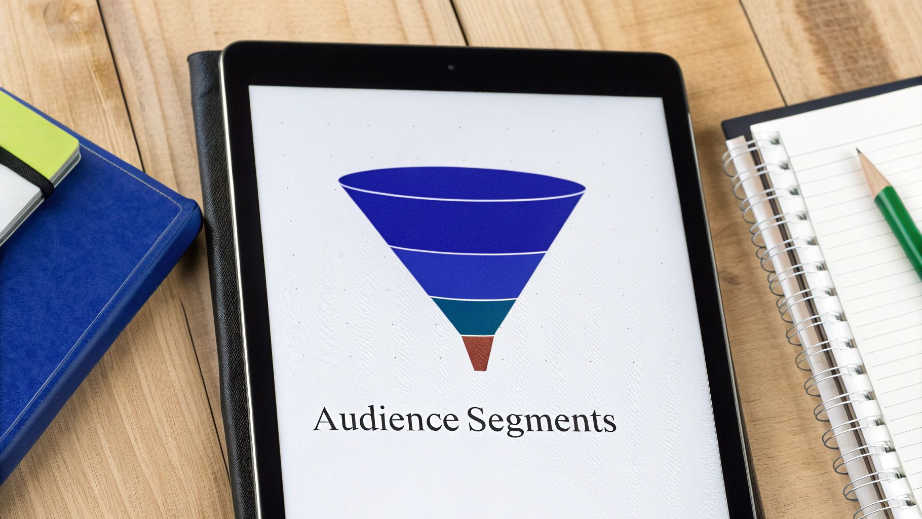 A tablet displays an 'Audience Segments' sales funnel graphic, alongside notebooks and a pencil on a wooden desk.