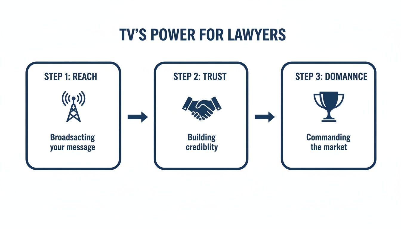 A three-step diagram illustrating TV's power for lawyers: Reach, Trust, and Market Dominance.