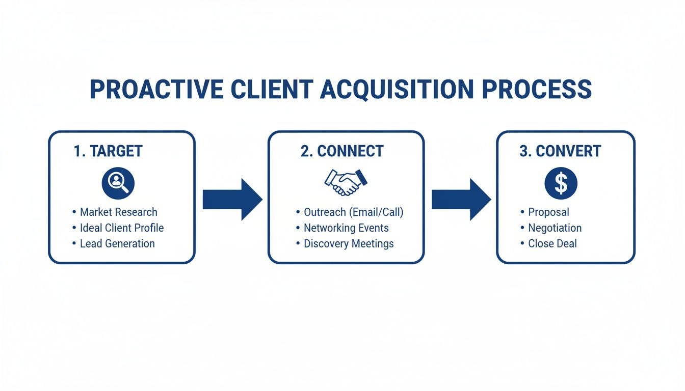 Flowchart illustrating a three-step proactive client acquisition process: Target, Connect, Convert, with specific actions listed.