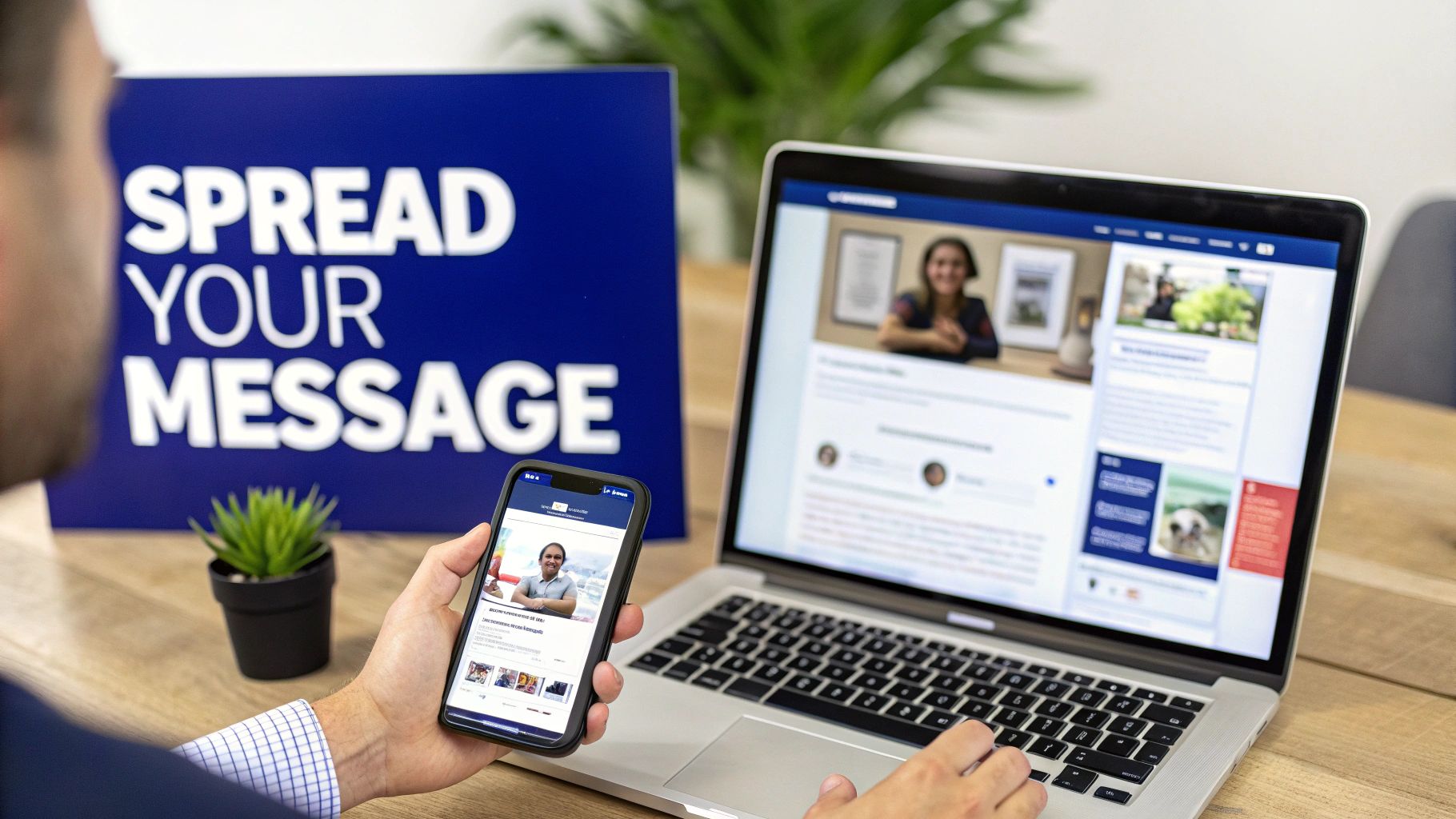 Man viewing content on smartphone and laptop with 'Spread Your Message' sign in a modern office.