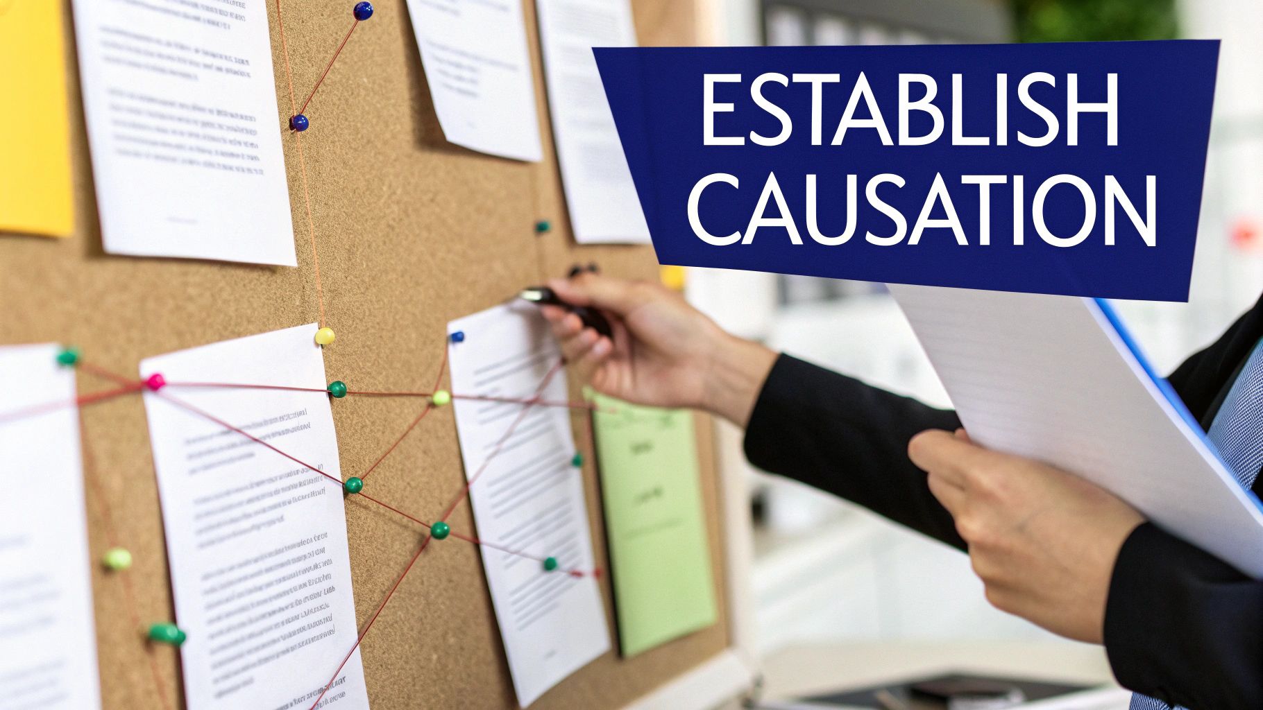 A person points at a corkboard with documents, pins, and strings, illustrating a causation investigation.