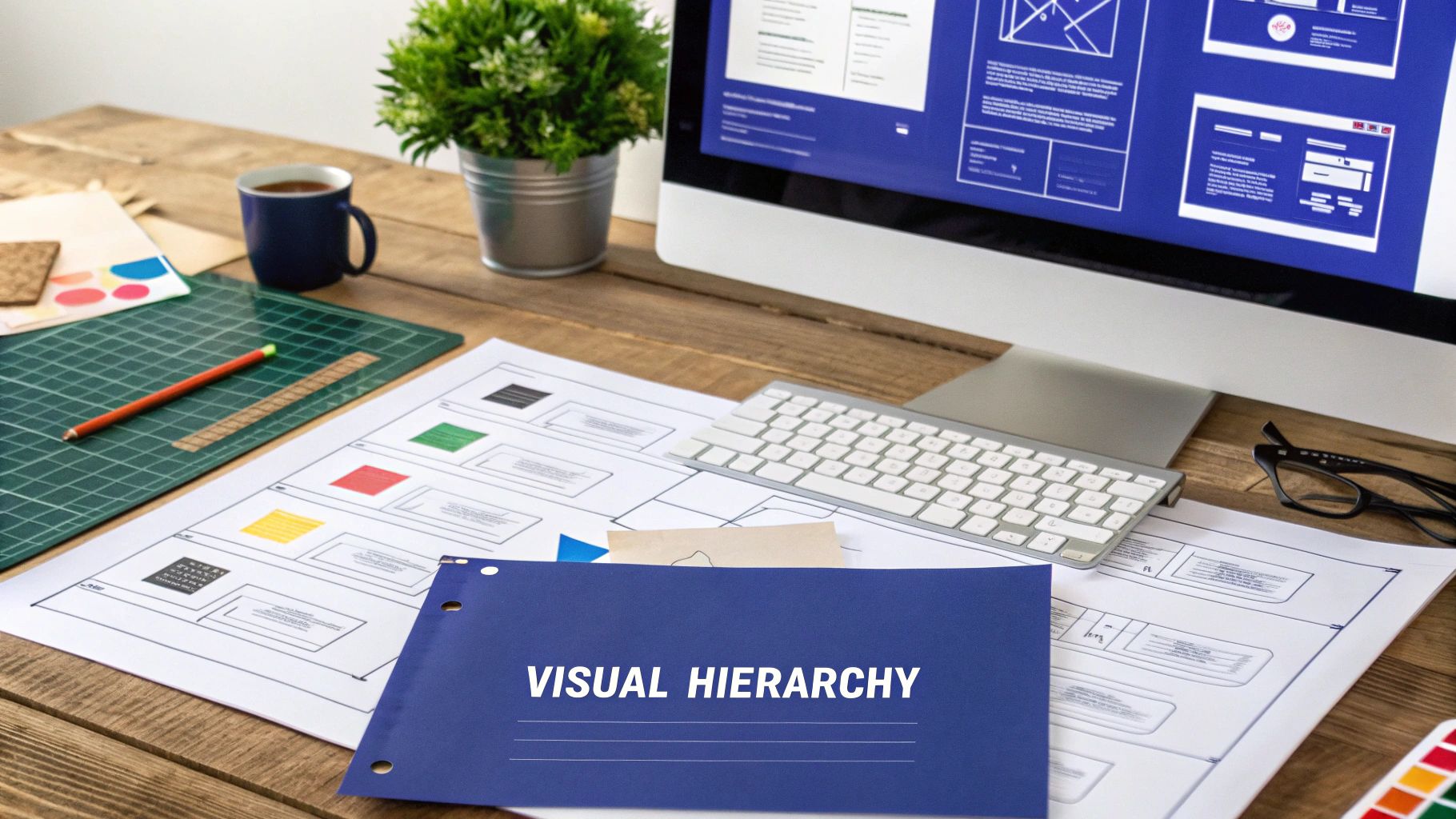 A designer's desk with a monitor showing web layouts, wireframes, and a 'Visual Hierarchy' folder.
