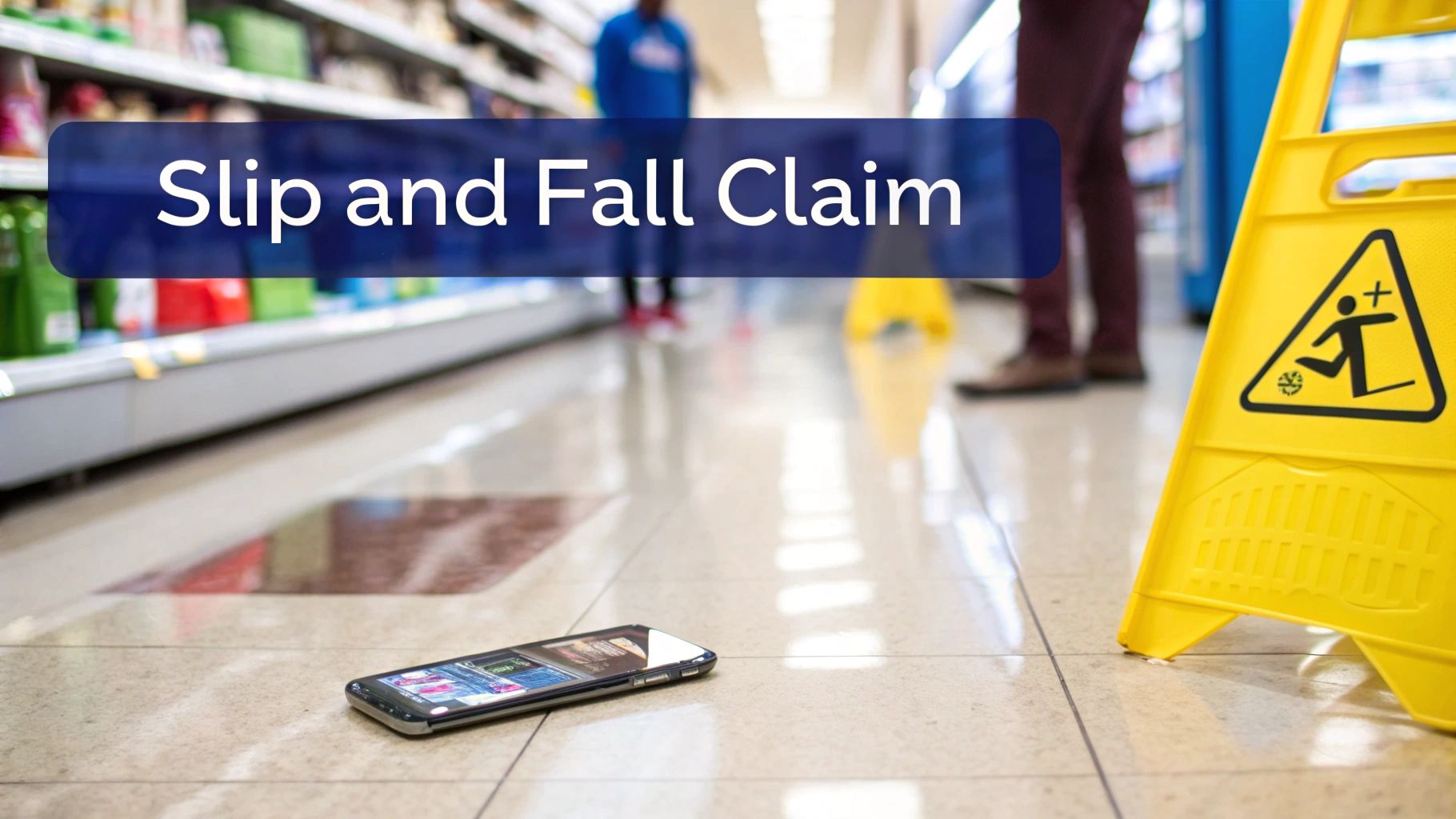 A dropped smartphone on a tiled supermarket floor next to a yellow wet floor sign, with a 'Slip and Fall Claim' overlay.