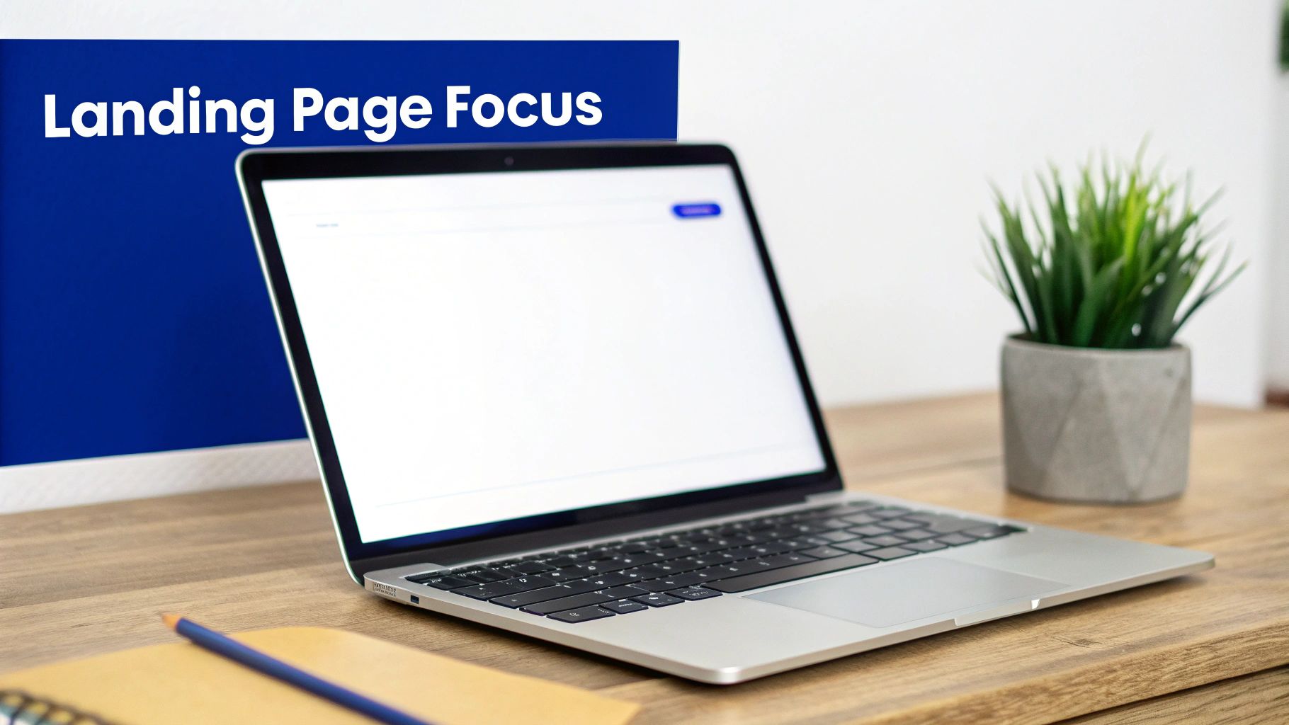A modern laptop on a wooden desk, with a blue sign "Landing Page Focus" and a green plant.