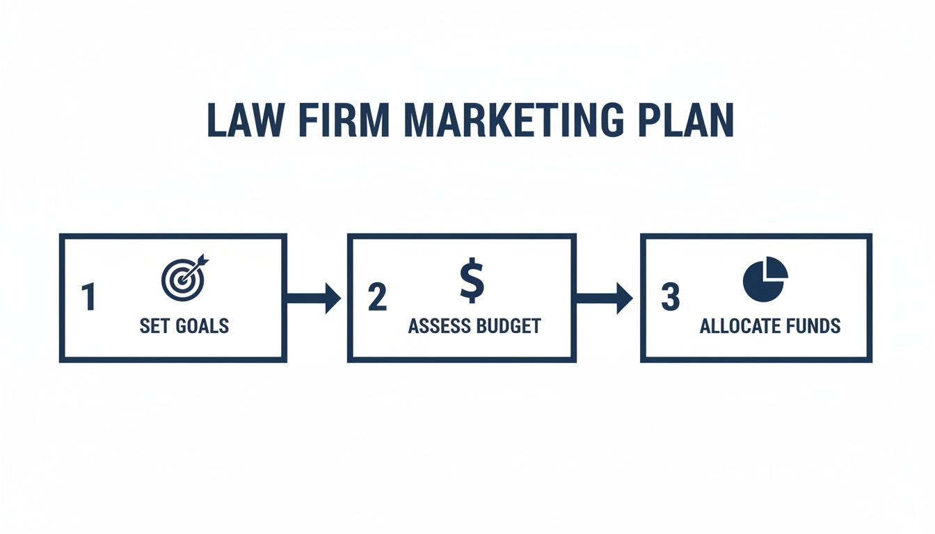 A three-step law firm marketing plan showing how to set goals, assess budget, and allocate funds.