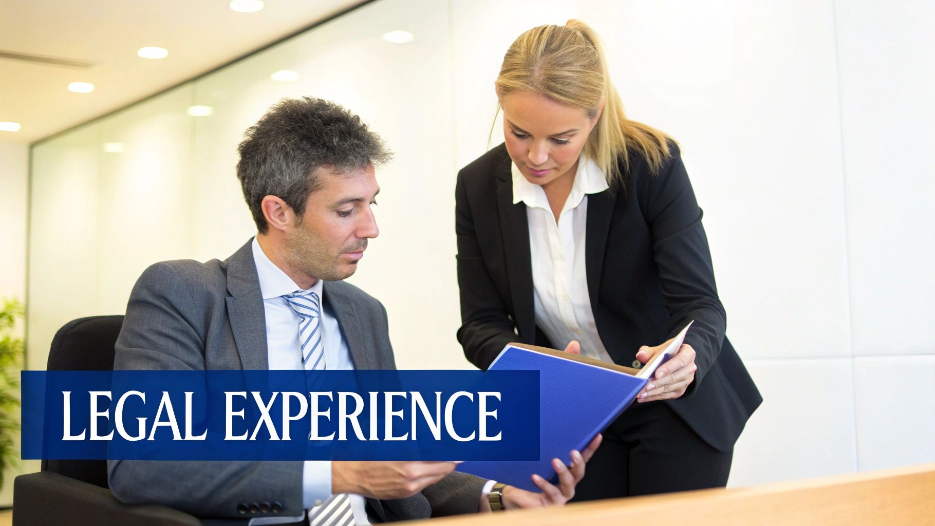 Two professionals, a man and a woman, reviewing documents in an office, with 'LEGAL EXPERIENCE' text.