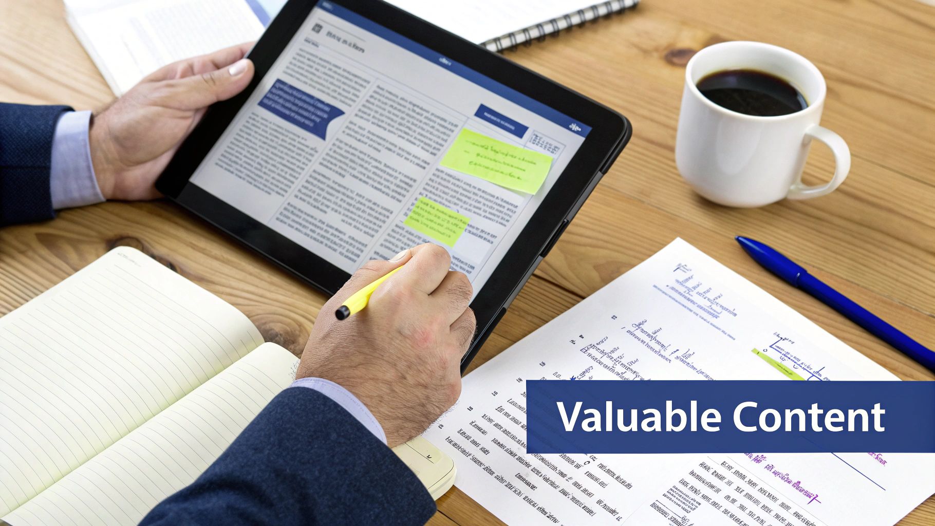 Professional analyzing valuable digital content on a tablet and making notes at a wooden desk.