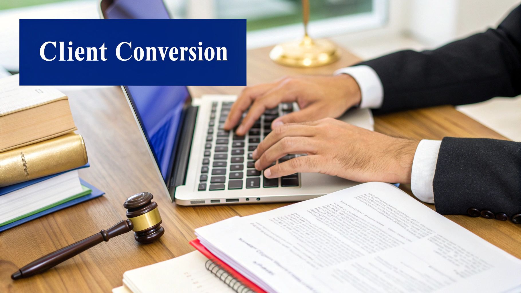 A lawyer reviewing documents at a modern desk, symbolizing content creation for a law firm.