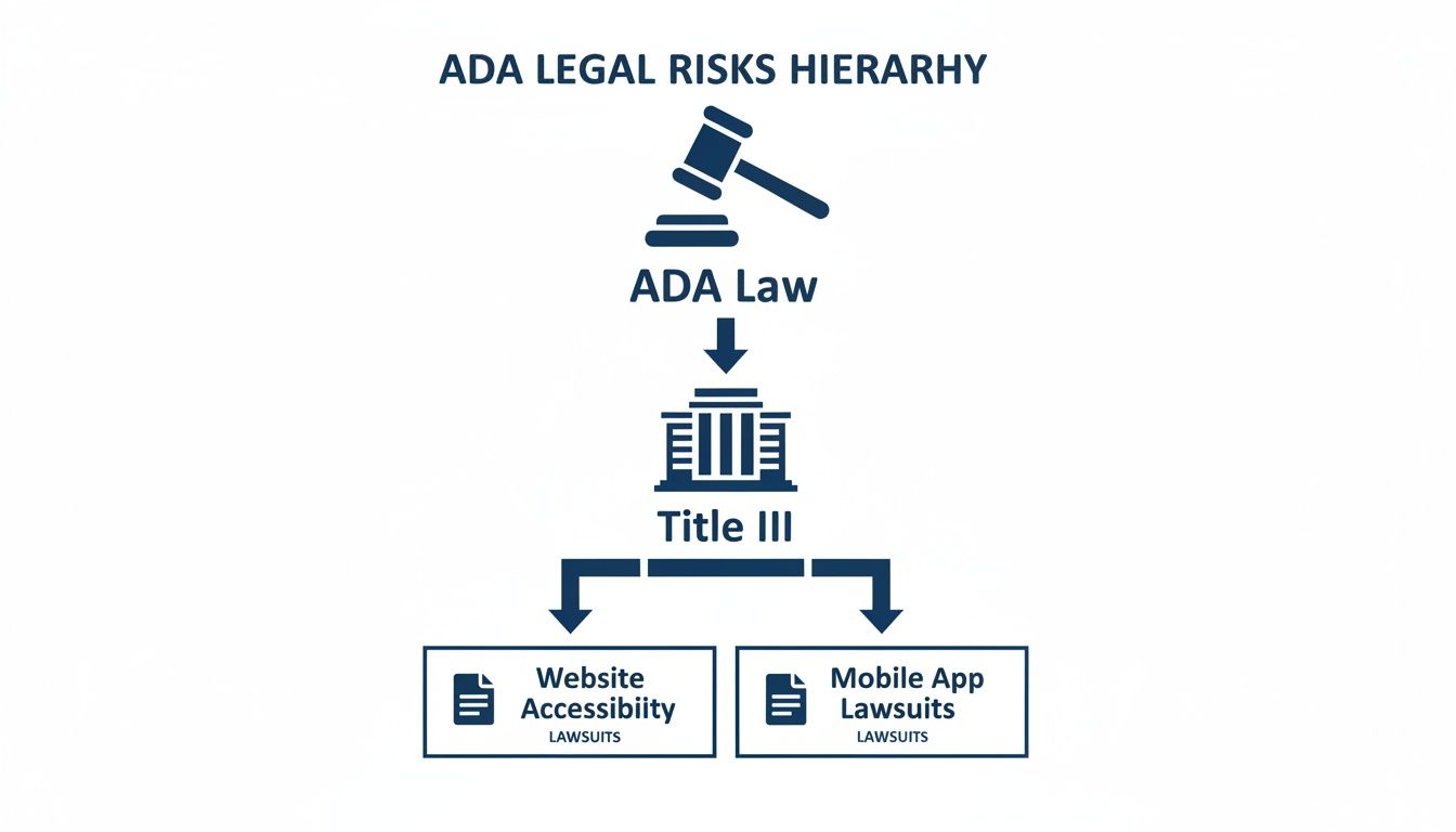 Hierarchy illustrating ADA legal risks, connecting ADA Law, Title III, website accessibility, and mobile app lawsuits.