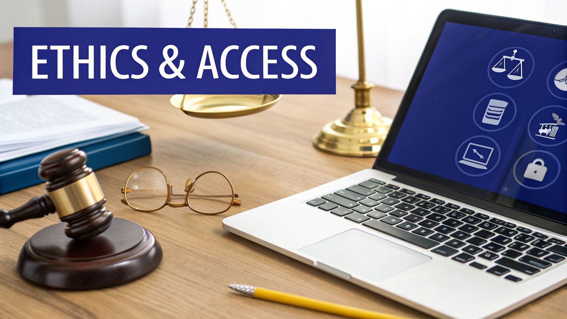 A legal desk setup with a gavel, scales of justice, laptop displaying icons, and 'ETHICS & ACCESS' banner.