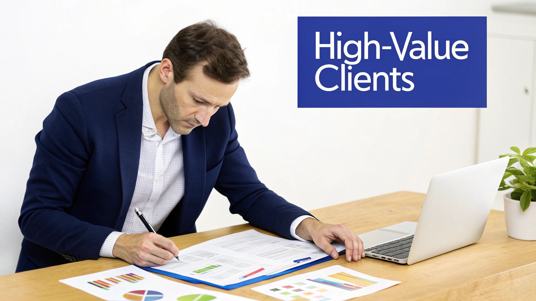 Business professional analyzing client reports and data charts on laptop at modern office desk