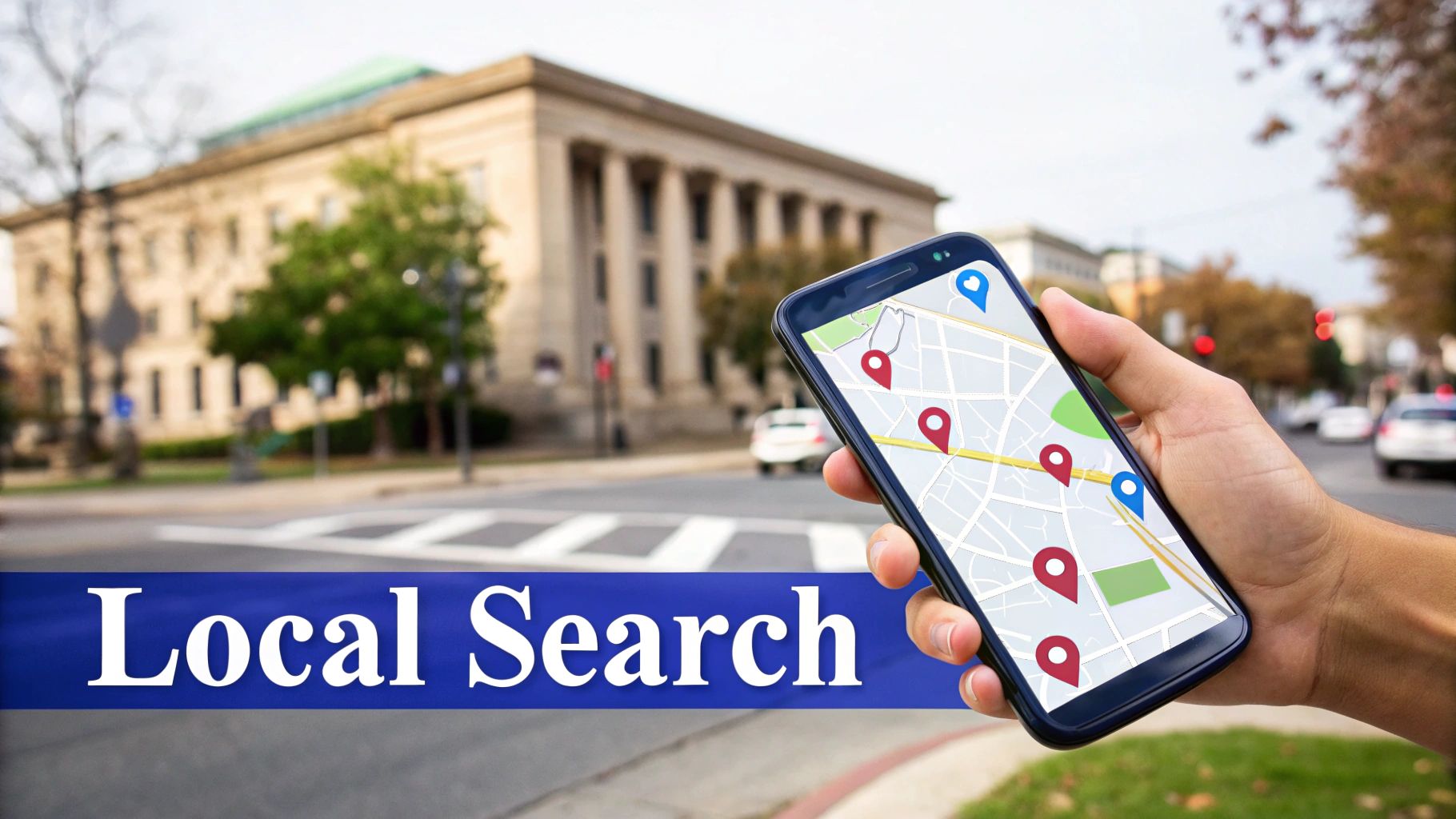 A hand holds a phone displaying a map, illustrating local search results in a city.