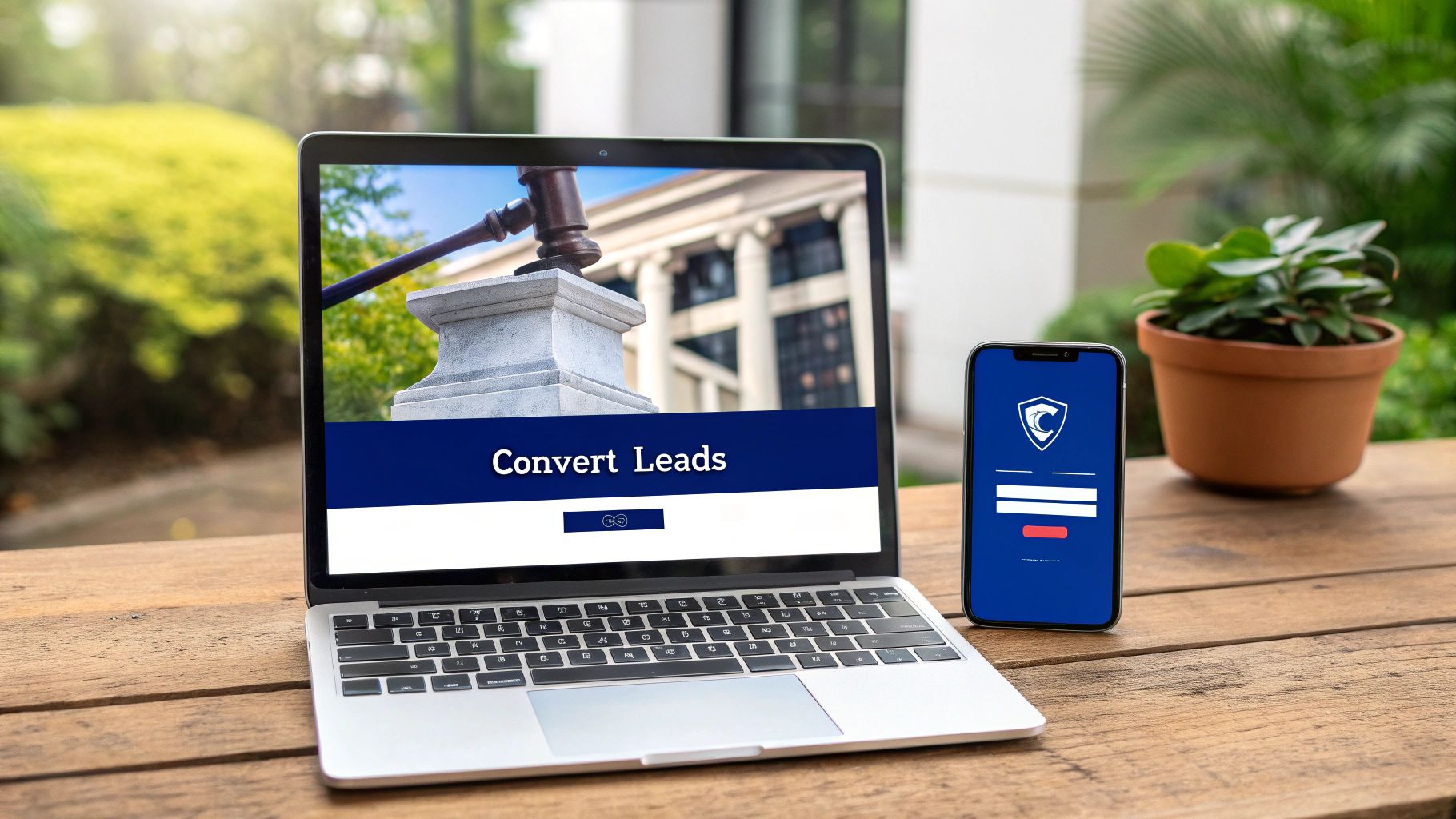 Laptop and smartphone on a wooden table, displaying legal lead conversion and a secure login.