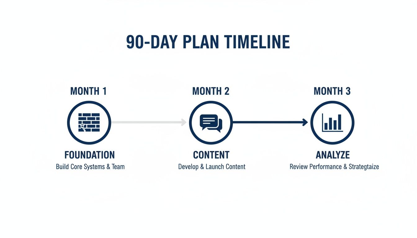A 90-day plan timeline showing three phases: Foundation, Content, and Analyze, each with an icon.