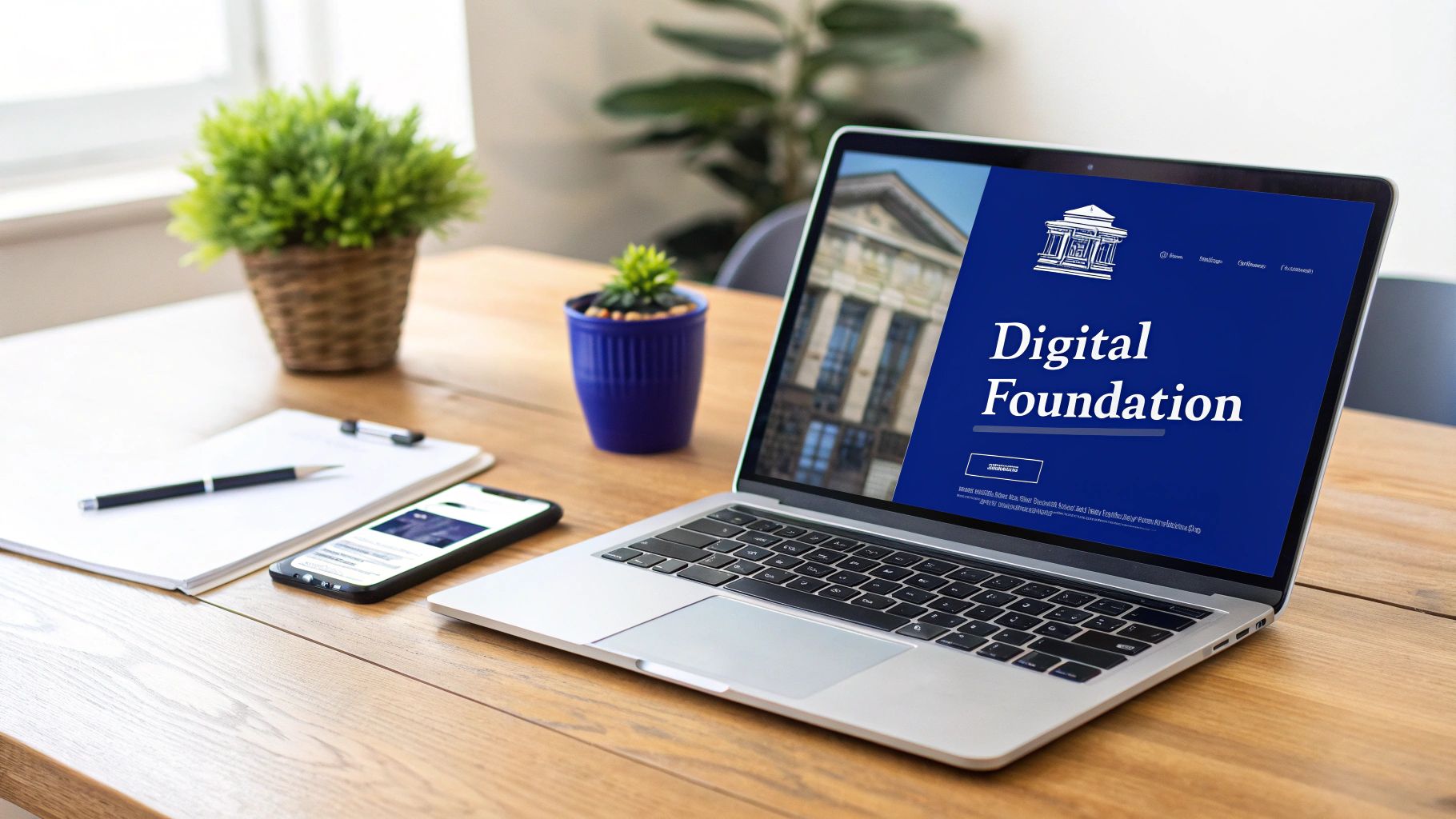 A laptop displaying 'Digital Foundation' on a blue screen, a smartphone, and office supplies on a wooden desk.