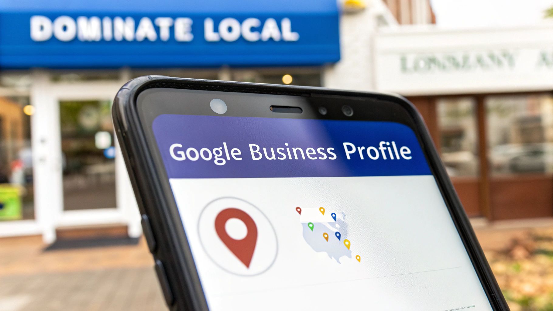 Smartphone displaying Google Business Profile in front of a 'DOMINATE LOCAL' storefront, highlighting local SEO.