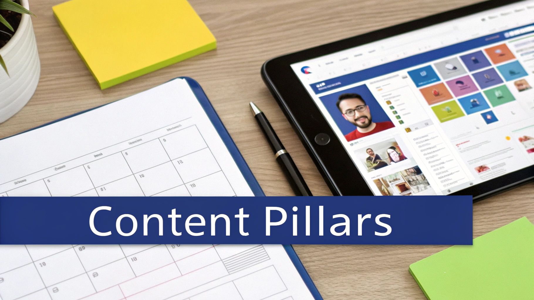 A desk with a calendar, pen, and tablet showing a social media feed, with 'Content Pillars' text.