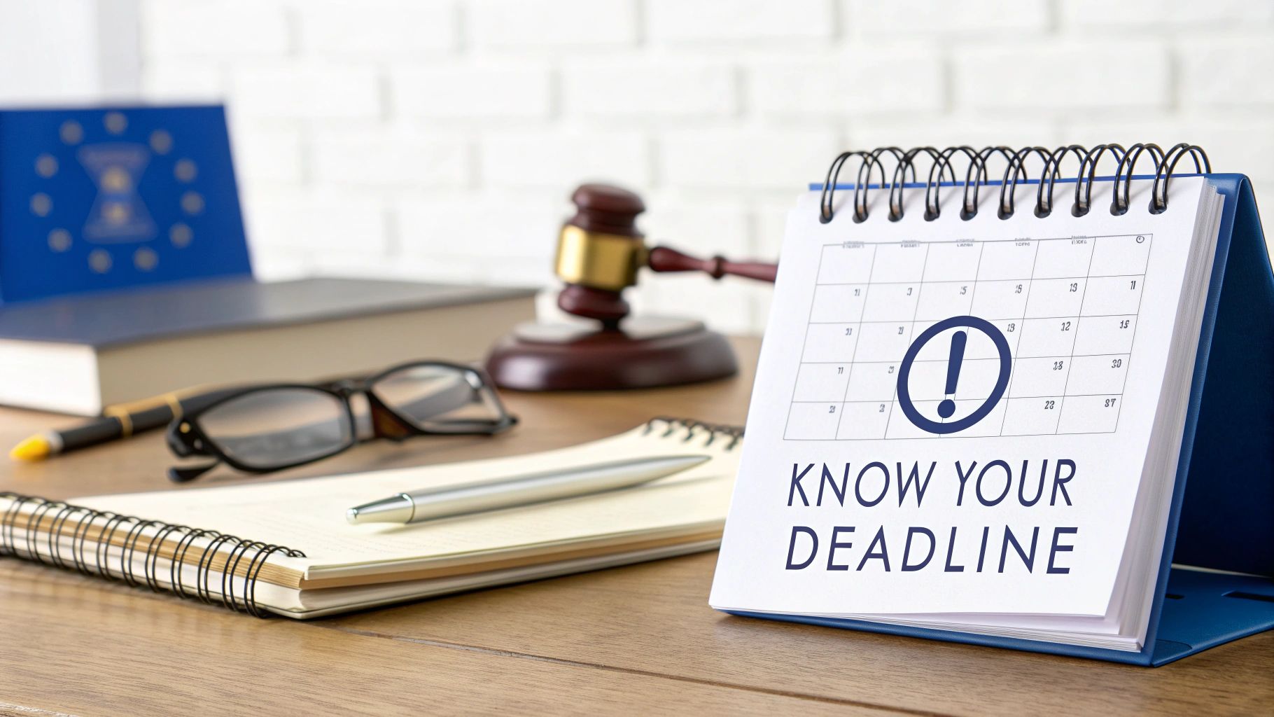 A desk with a calendar showing 'KNOW YOUR DEADLINE' next to a gavel and legal books.