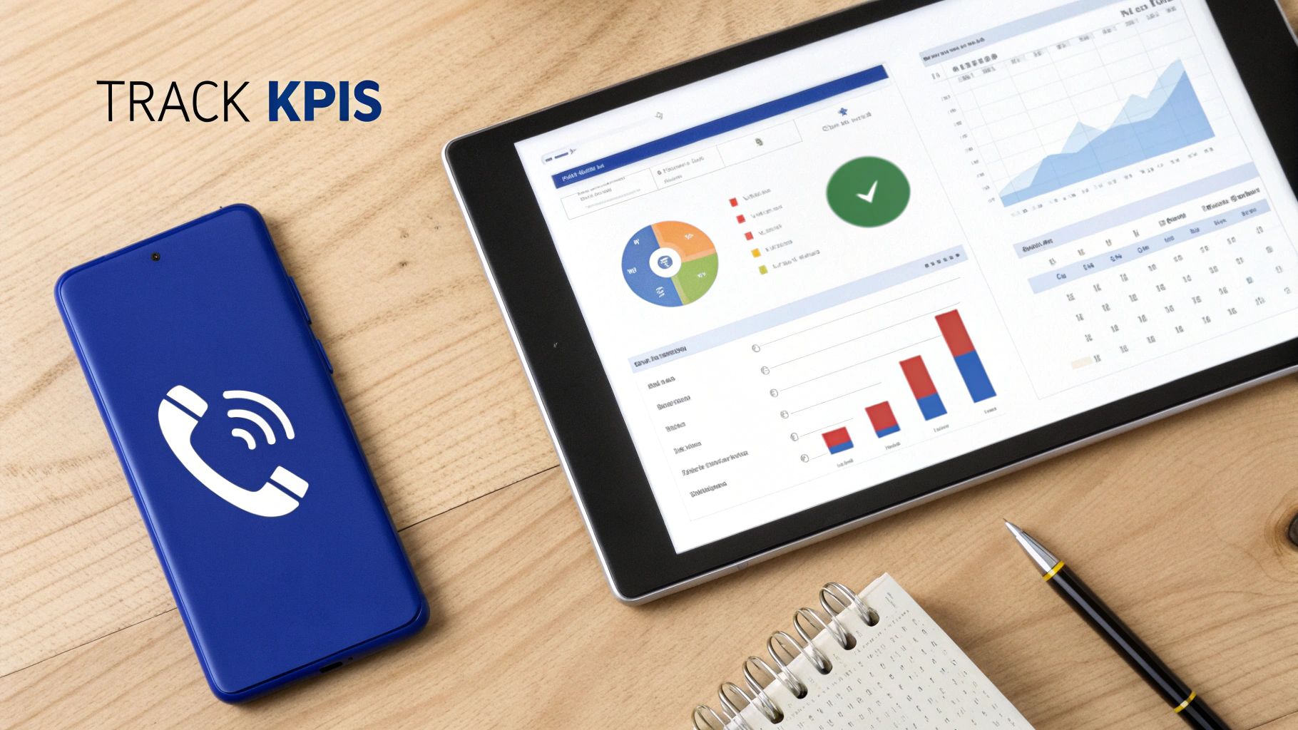 A smartphone with a call icon, a tablet displaying KPI dashboards, and a notebook on a wooden desk.