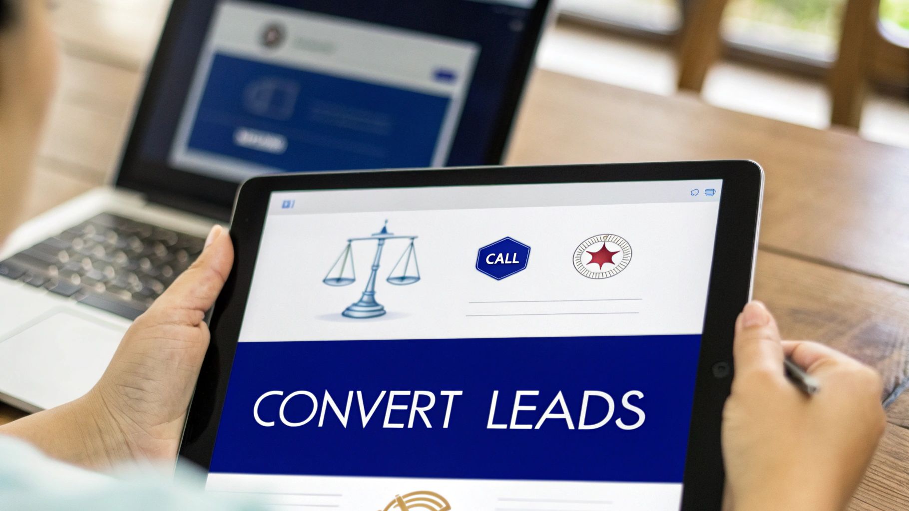 SEM for Lawyers a Guide to Winning Clients 2 Person holding a tablet displaying 'CONVERT LEADS' text, legal scales, and a 'CALL' button.