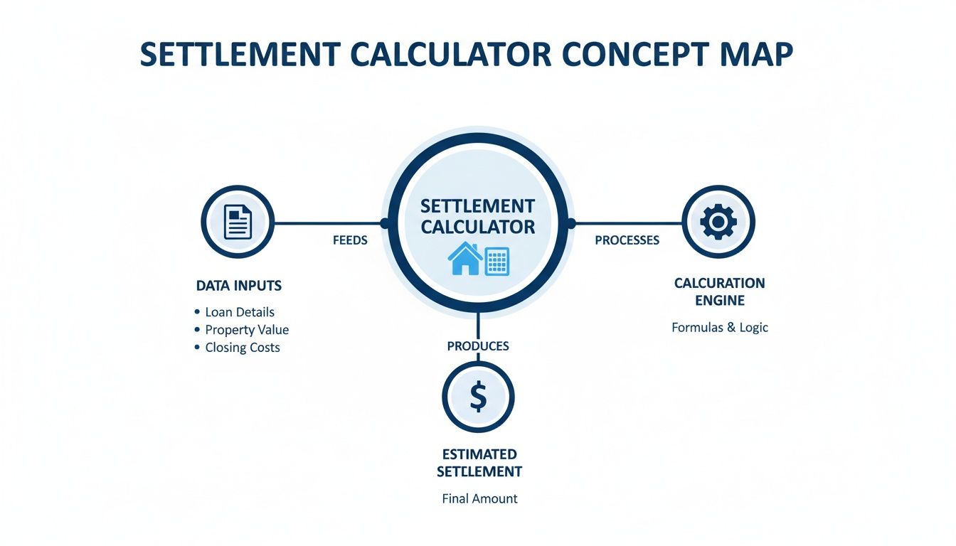 A concept map illustrating the settlement calculator process with data inputs, calculation engine, and estimated settlement output.