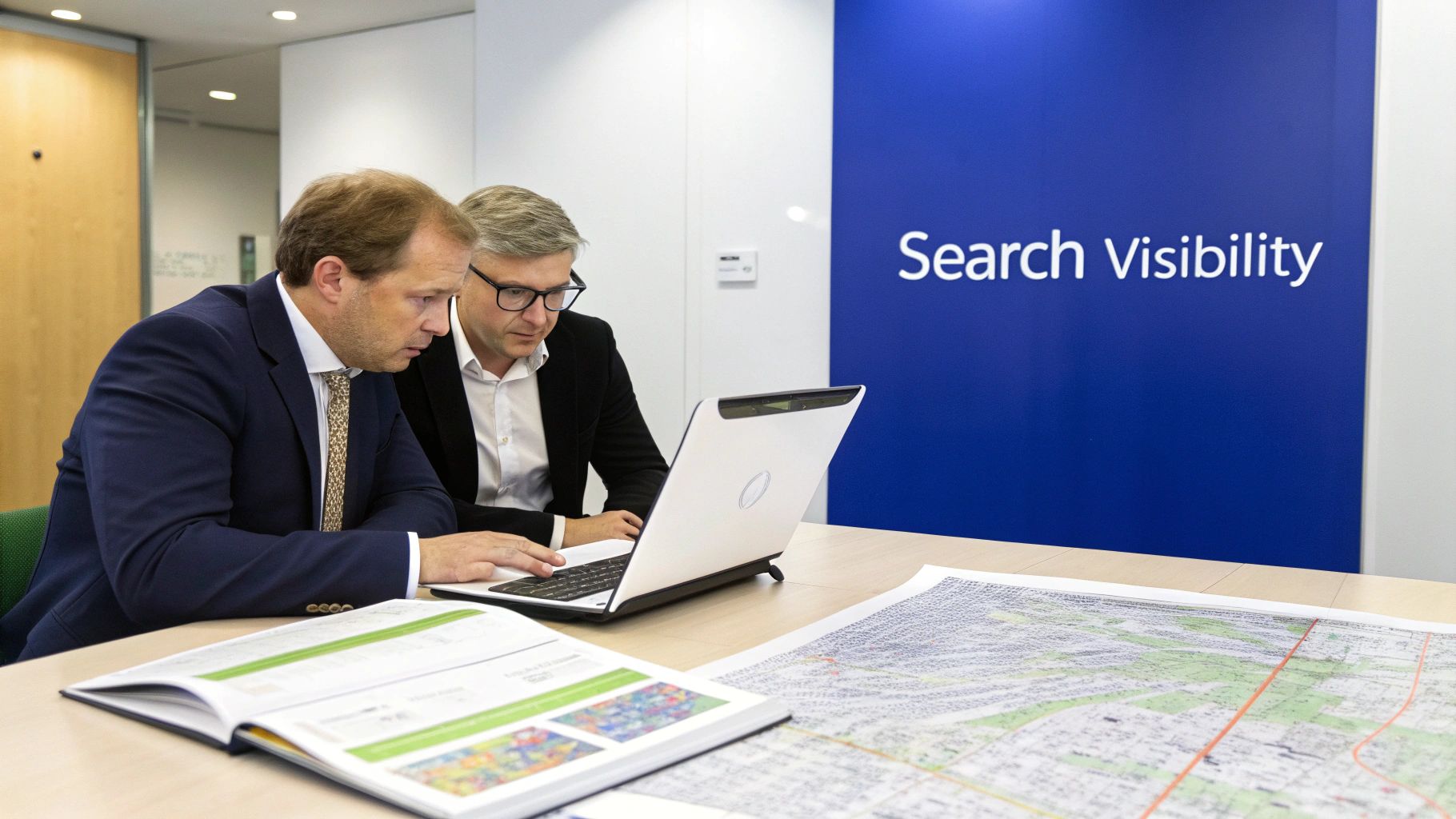 A magnifying glass over a computer screen showing search results for legal terms