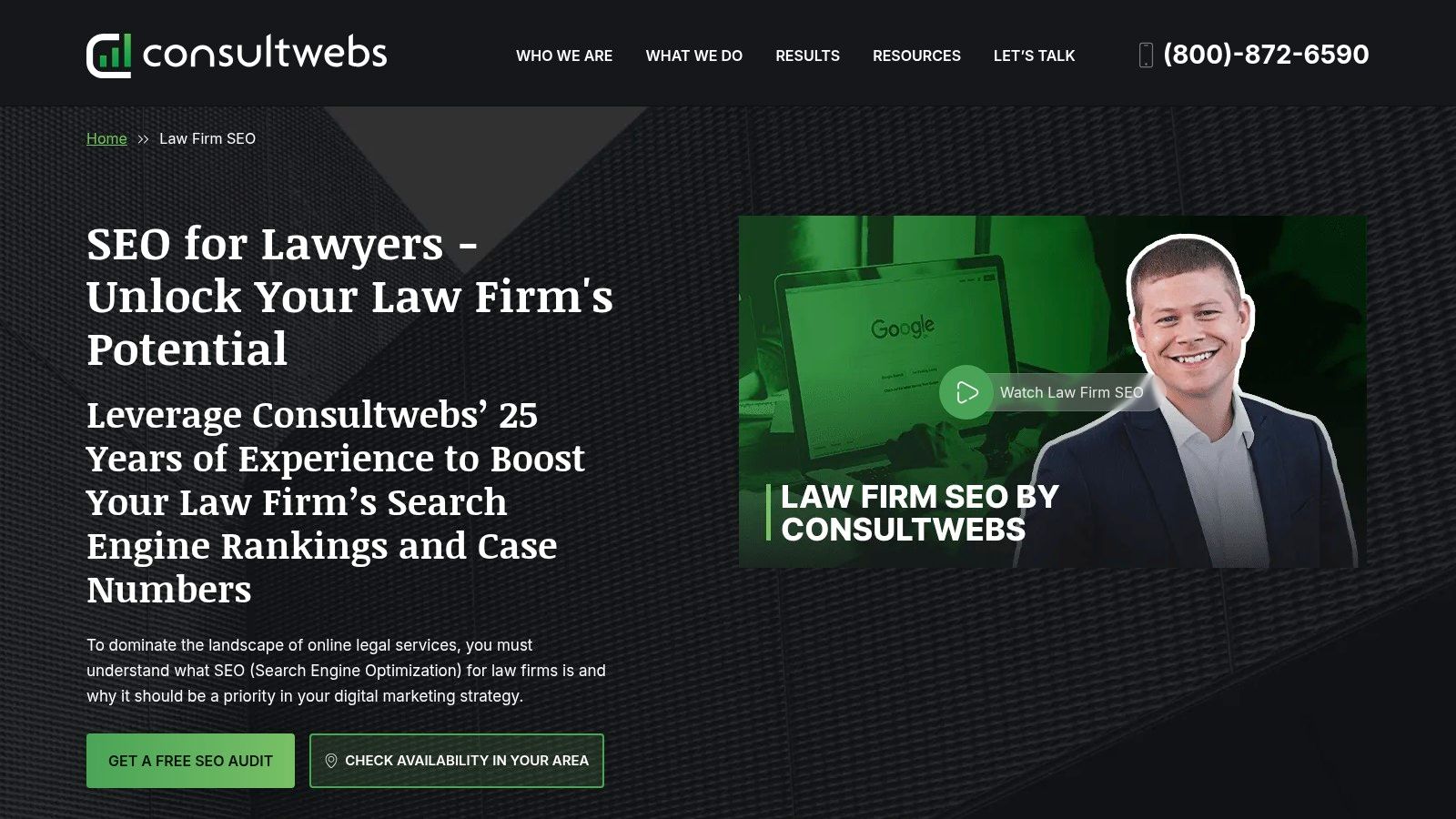A screenshot of the Consultwebs website highlighting their services for lawyer SEO.