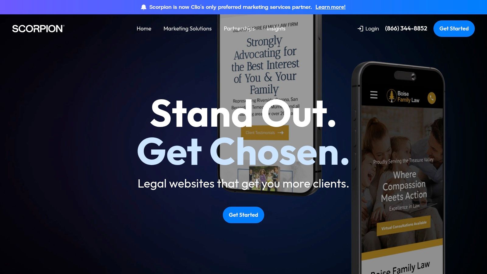 A screenshot of the Scorpion website showcasing its law firm marketing solutions.