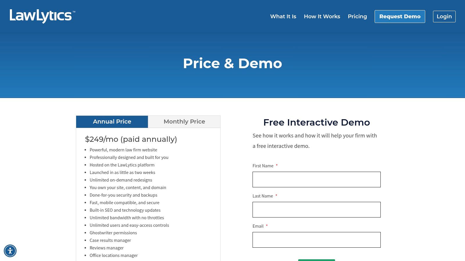 A screenshot of the LawLytics website, showing a clean interface with a call-to-action to schedule a demo.