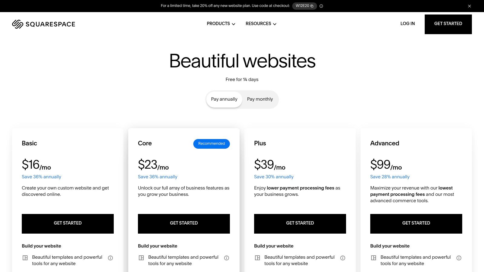 A screenshot of the Squarespace pricing page, showing different plans and features available for building a website.