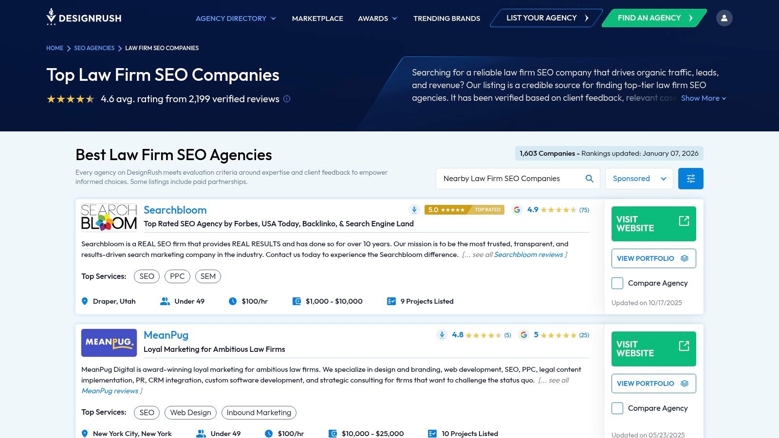 A screenshot of the DesignRush platform showing a list of legal SEO agencies, with filters for services, budget, and location.