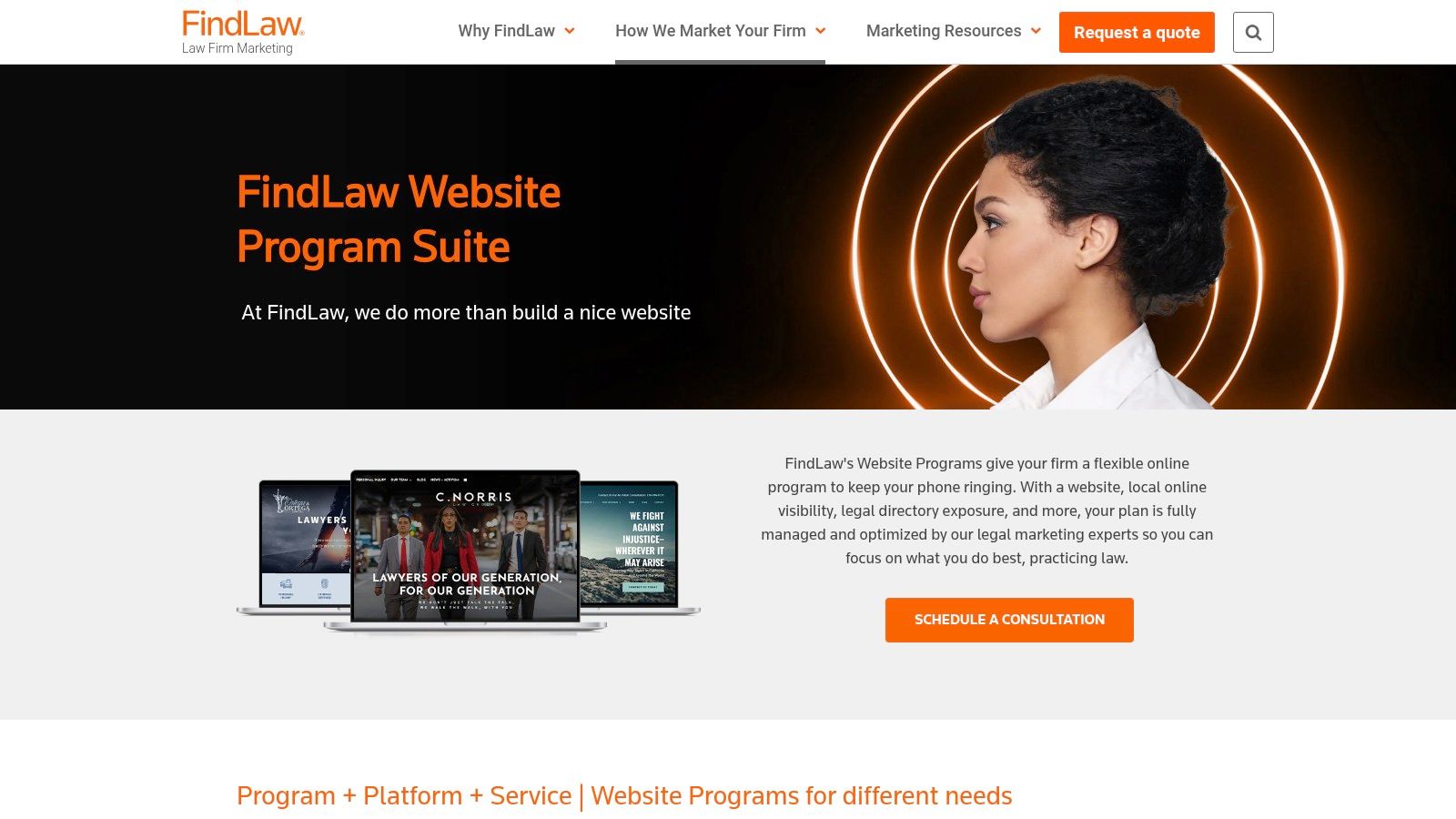 A screenshot of the FindLaw lawyer marketing services page, highlighting their website packages.