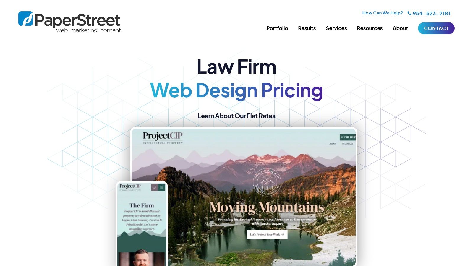 A screenshot of the PaperStreet website homepage, showcasing their award-winning design portfolio for law firms.