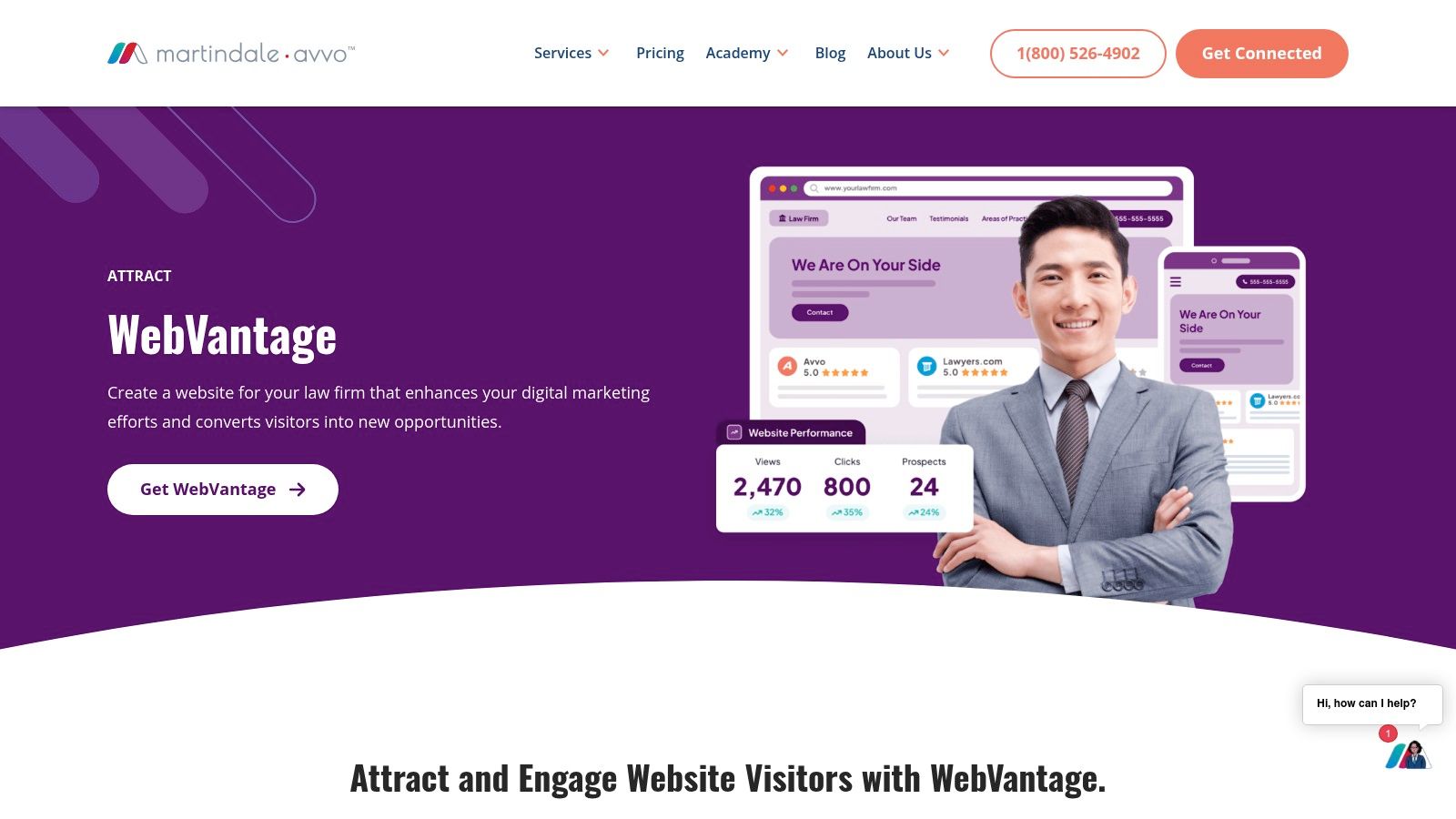 A screenshot of a Martindale-Avvo WebVantage website, showcasing a clean and professional design for a law firm.