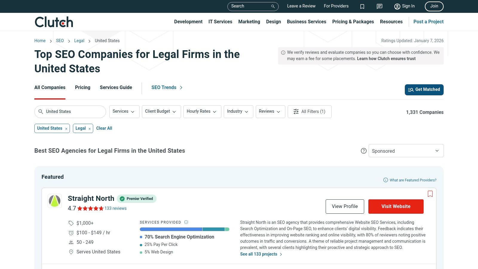 A screenshot of the Clutch platform showing a list of legal SEO companies with filters for location, services, and budget.