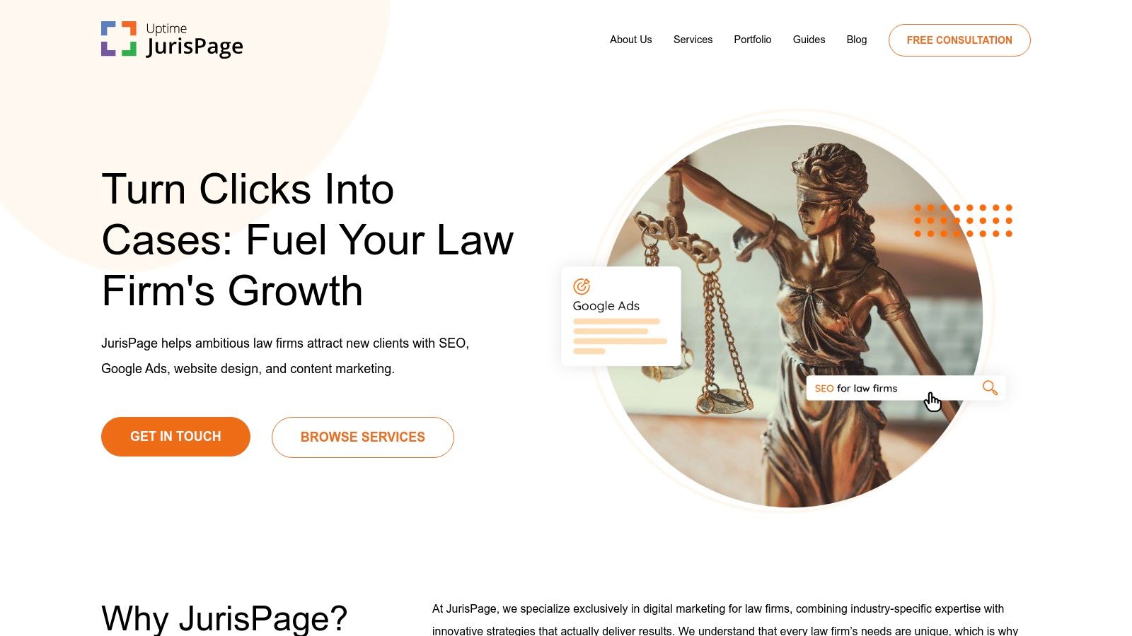 A screenshot of the JurisPage website showcasing its services, including law firm website design and legal marketing.