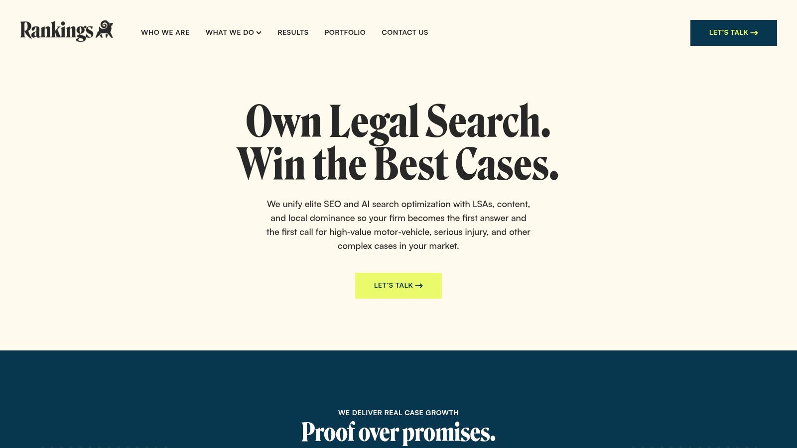 A screenshot of the Rankings.io homepage featuring their value proposition for law firms.