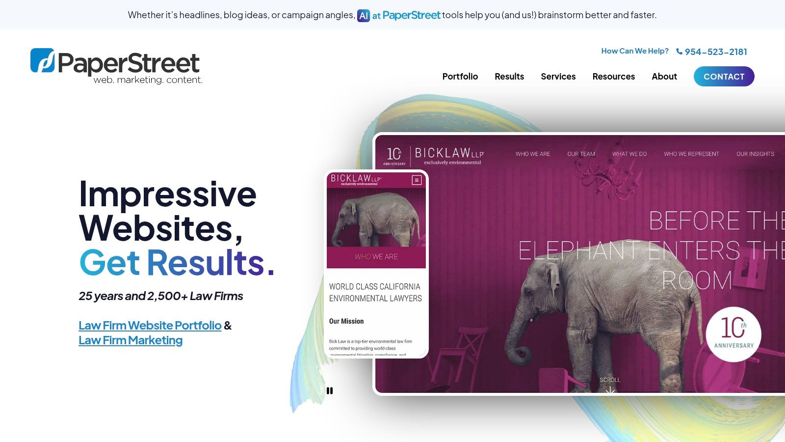 A screenshot of the PaperStreet website, highlighting their focus on law firm marketing with visuals of lawyer websites they have designed.