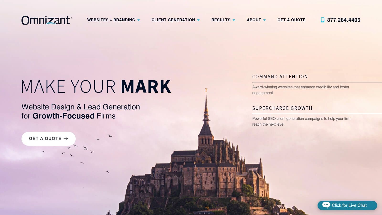 A screenshot of the Omnizant website homepage, showcasing its specialization in law firm website design and marketing services.