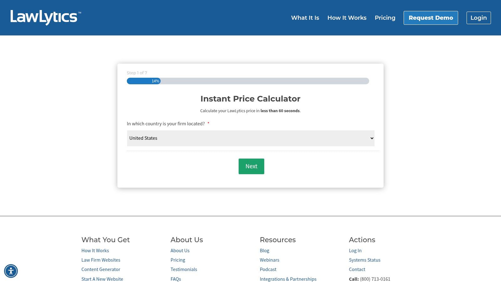 A screenshot of the LawLytics pricing calculator tool, demonstrating its transparent pricing structure for law firm websites.