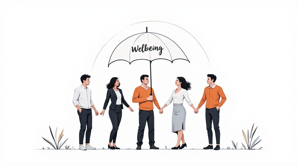 Two colleagues walking and talking in a modern, plant-filled office space.