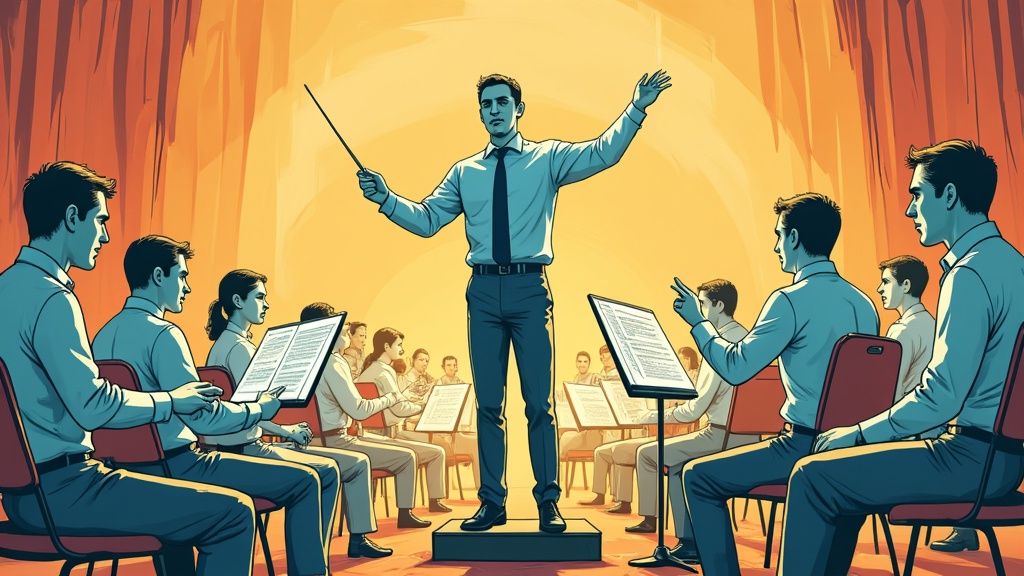 A person conducting an orchestra, symbolising the synchronisation and control provided by absence management software.