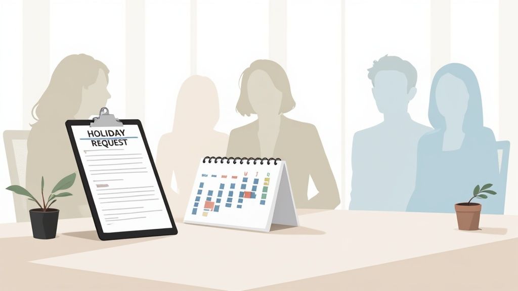 A person filling out a holiday request form at a desk with a laptop and plants.