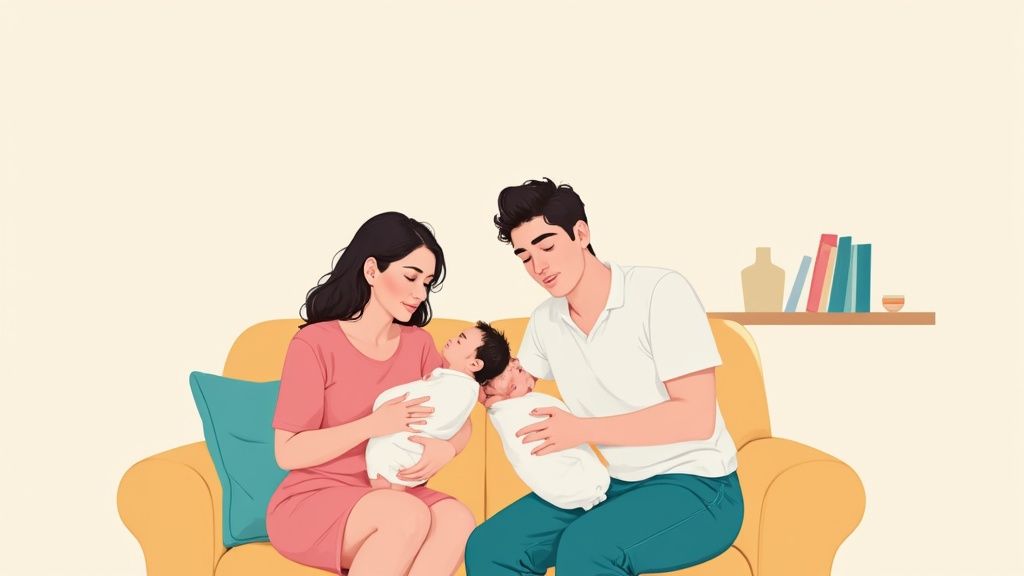 Two parents smiling and holding their baby, illustrating the concept of shared care.
