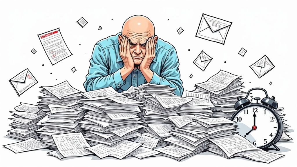 A person looking stressed while working on a laptop, surrounded by scattered papers and calendars, illustrating the chaos of manual absence tracking.
